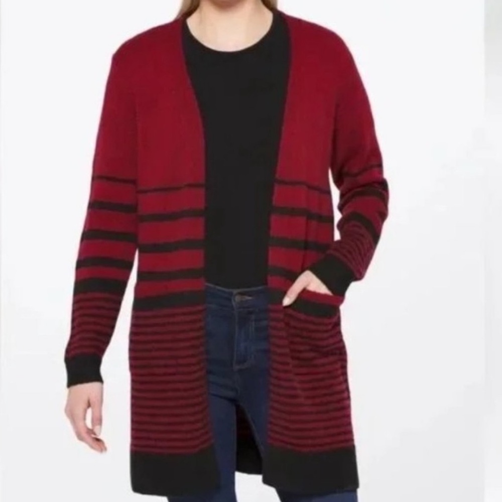 Stitch Fix Fortune + Ivy Layla Red & Black Stripe Open Cardigan Size M NWT